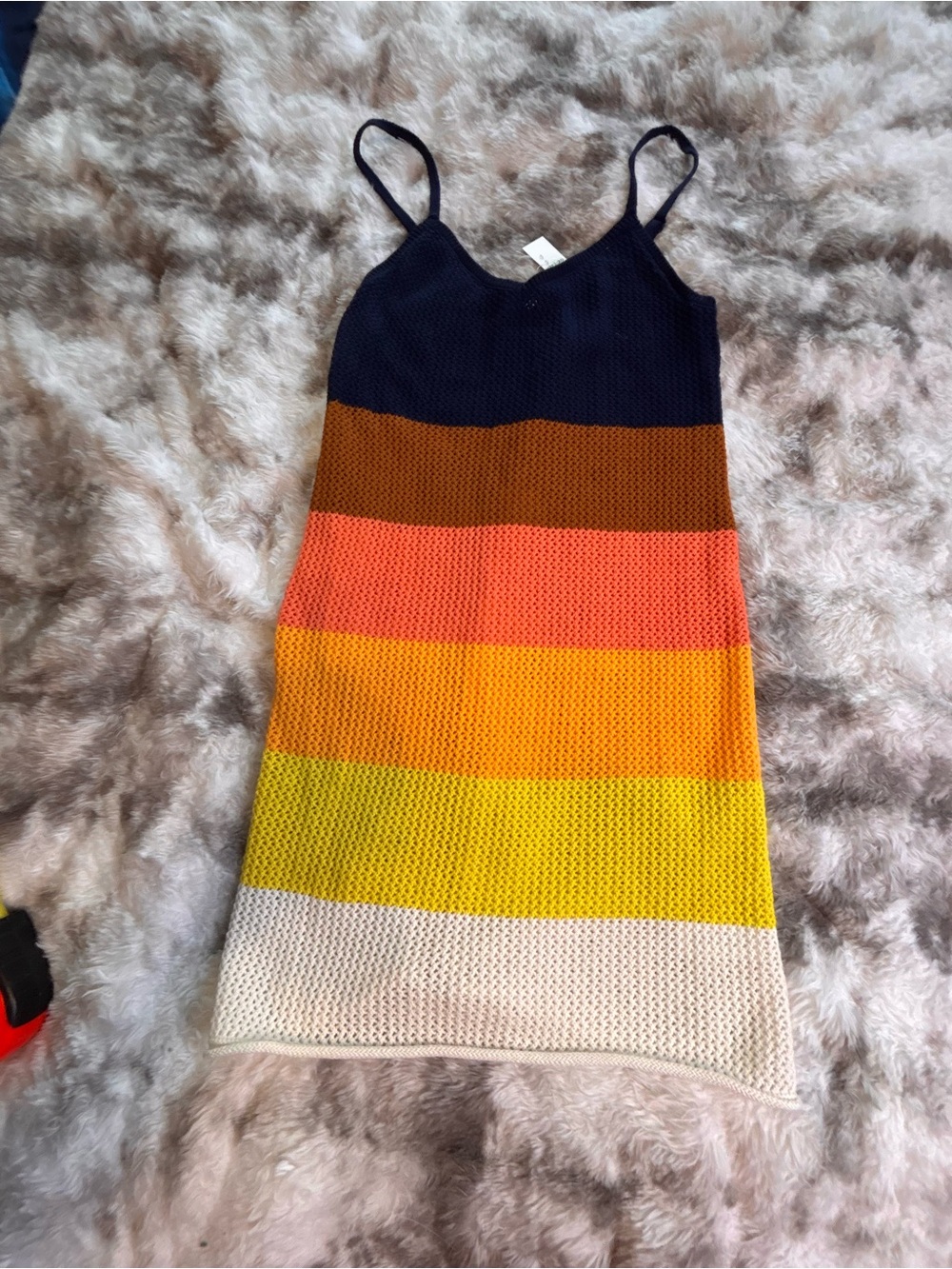 aerie Striped Knit Tank Mini Dress in Navy, Brown, Coral, Orange, Yellow & Cream